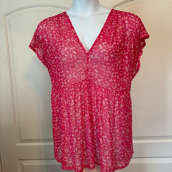 Lane Bryant Sheer Blouse Pink Floral sz 22/24 V-neck Babydoll - Picture 1 of 11